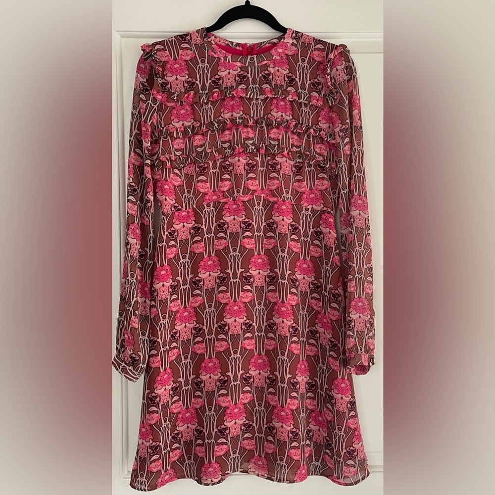 Topshop Pink Ruffled Floral Dress with Tie and Zipper on Back
